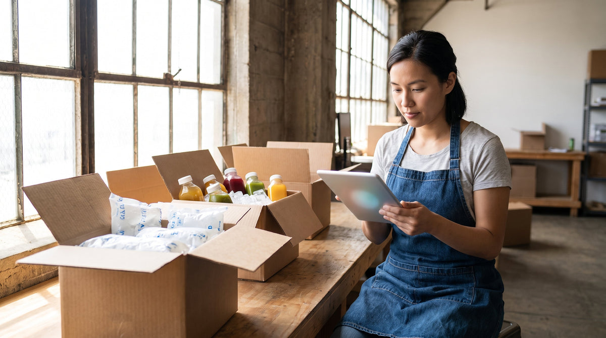 A food and beverage brand owner reviewing shipping costs on a tablet beside insulated boxes, representing cutting the cost of fast shipping.