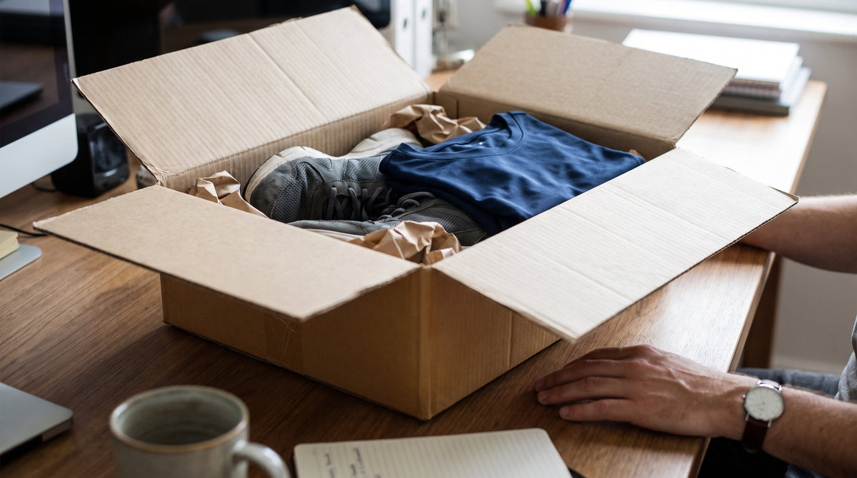 A returned fitness item in an open box on a desk, representing rethinking a reship-every-return policy.