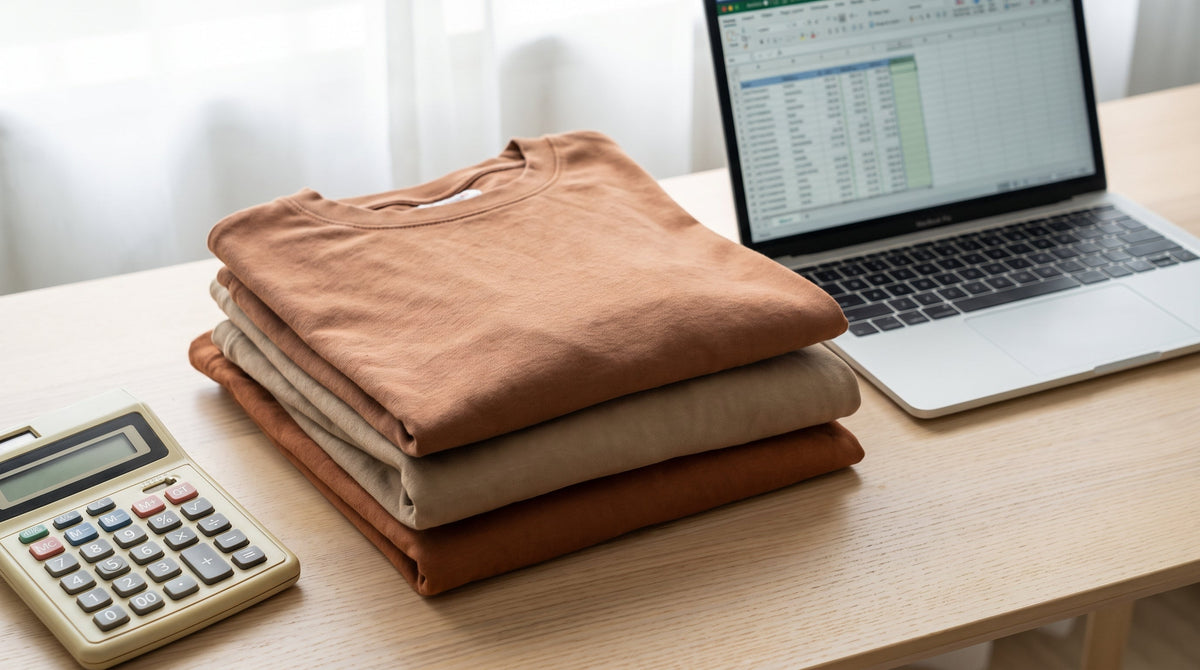 Folded apparel returns beside a calculator and laptop on a desk, representing the economics of apparel return fees.