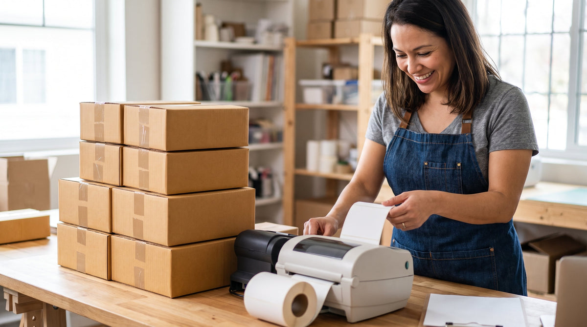 A merchant printing shipping labels beside a stack of parcels, representing deeply discounted shipping rates.