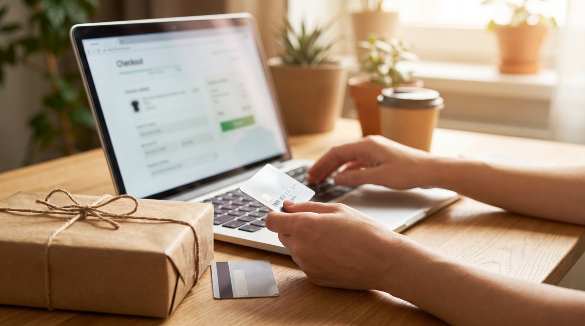A customer completing an online checkout beside a parcel, representing a shipping guarantee as a revenue line.