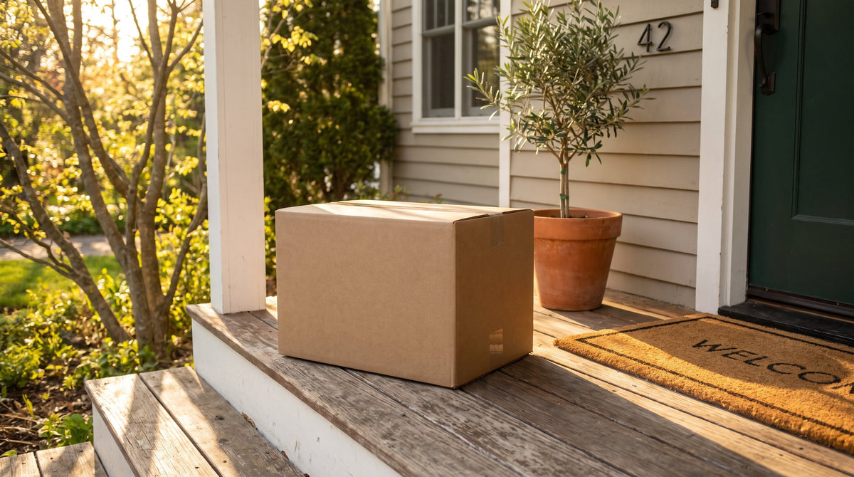 An insulated food parcel delivered at a doorstep, representing the post-purchase journey for DTC food brands.