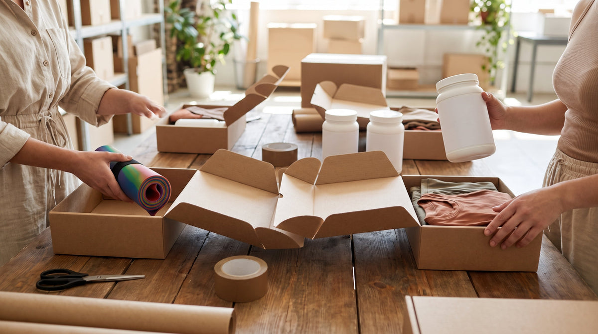Recurring fitness subscription boxes on a packing table, representing fast fulfillment as a retention strategy.