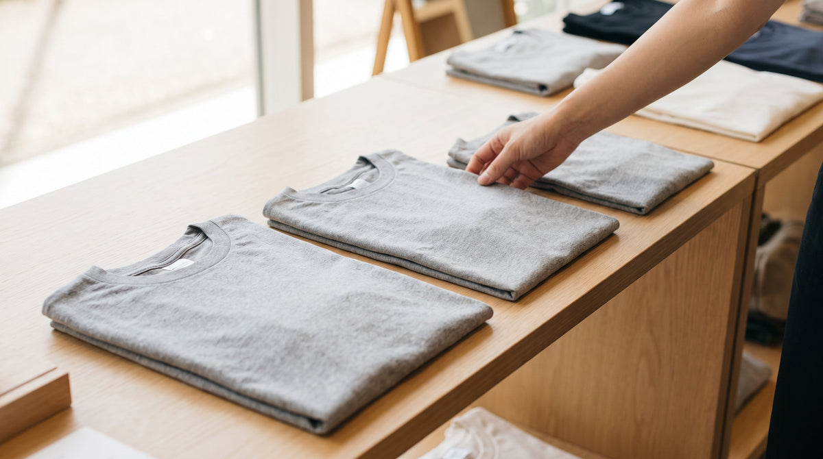 Neatly folded apparel in several sizes on a table, representing fast fulfillment reducing hedge-buying of extra sizes.