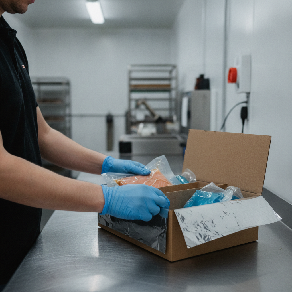 Worker packing a perishable food order into an insulated shipping box, representing spoilage claim handling for DTC food and beverage brands