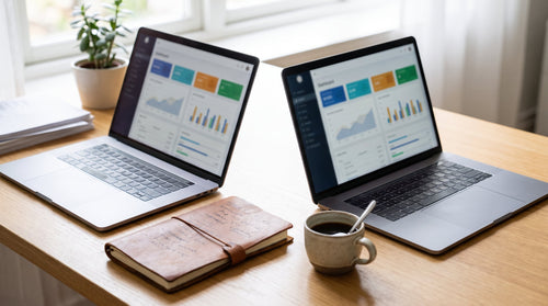 Two laptops side by side comparing dashboards on a desk, representing evaluating post-purchase platforms for Shopify merchants.
