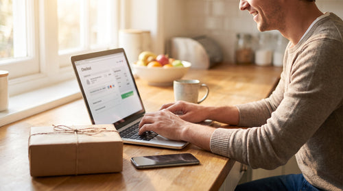A customer completing an online purchase at a laptop with a parcel nearby, representing merchant versus carrier-native protection.