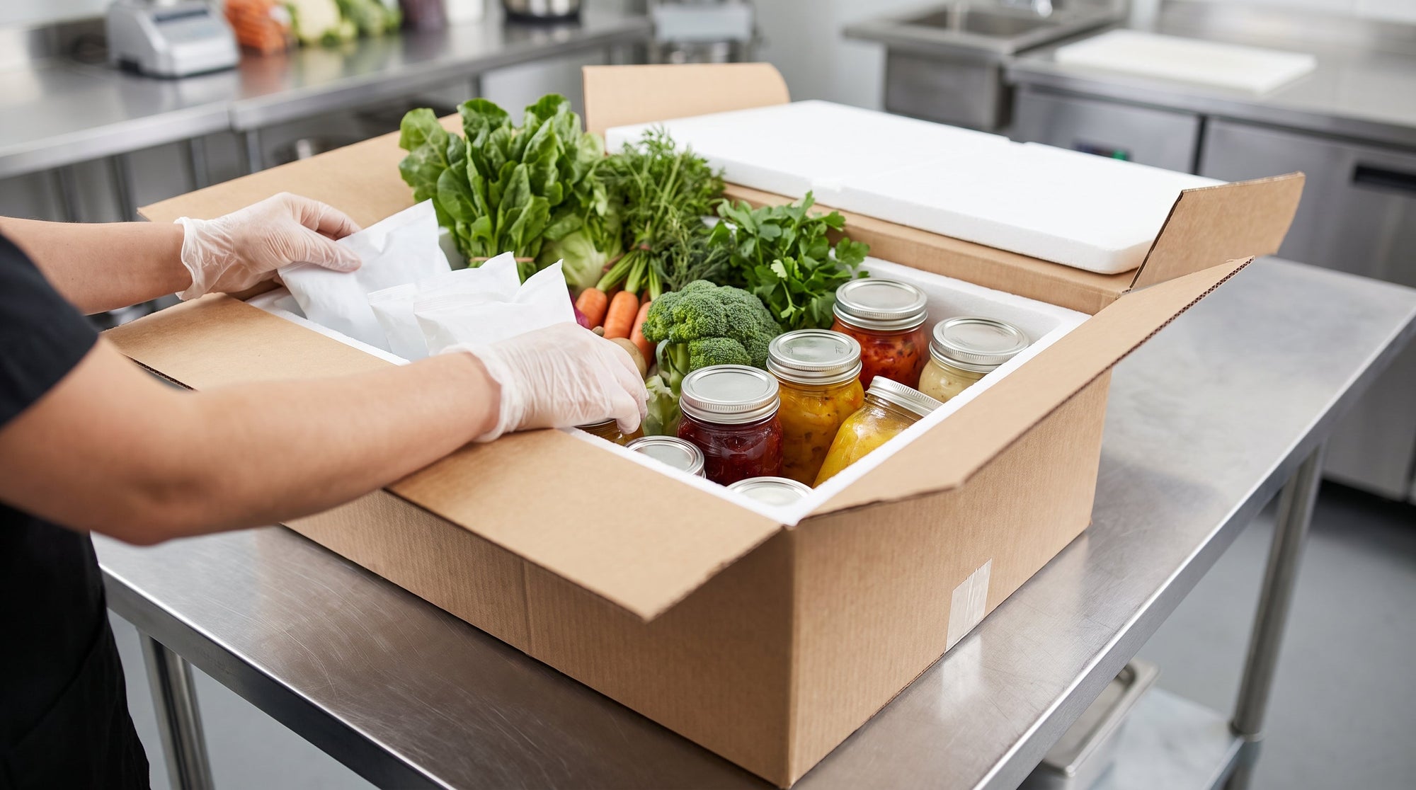 An insulated food shipping box packed with cold packs and produce, representing spoilage-claim prevention for DTC food brands.
