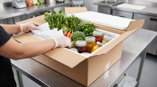 An insulated food shipping box packed with cold packs and produce, representing spoilage-claim prevention for DTC food brands.