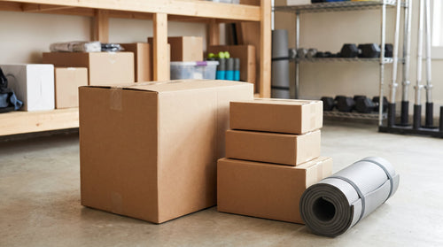 A large fitness-equipment package prepared for delivery, representing margin protection for high-ticket fitness brands.