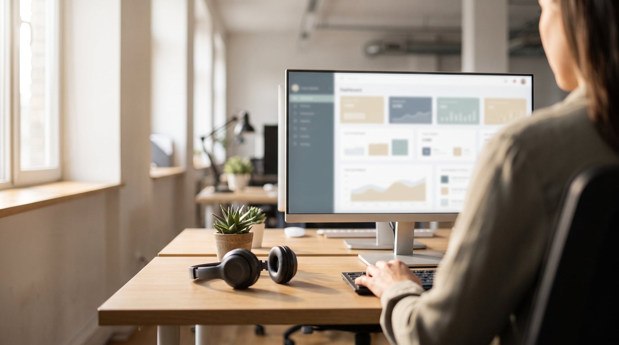A support agent at a monitor in a bright office, representing a self-service portal that reduces support tickets.