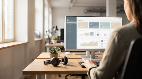 A support agent at a monitor in a bright office, representing a self-service portal that reduces support tickets.