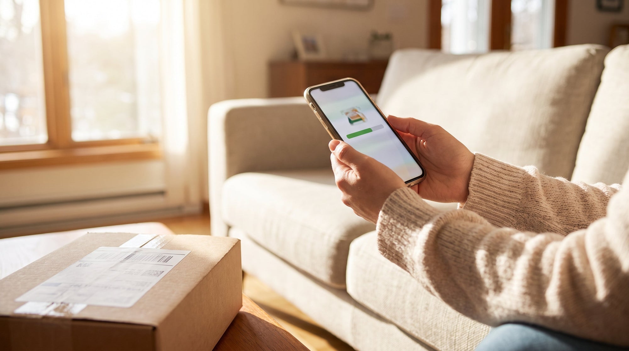 A customer viewing an order-tracking screen on a phone, representing AI order editing that stops WISMO tickets.