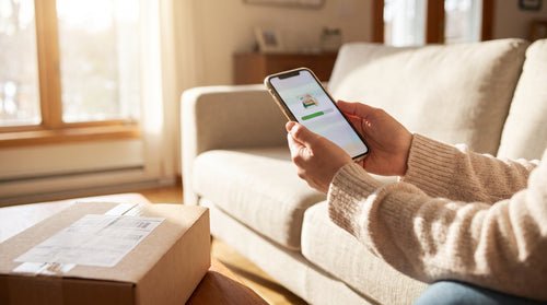 A customer viewing an order-tracking screen on a phone, representing AI order editing that stops WISMO tickets.