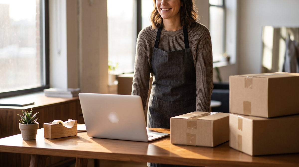 An ecommerce merchant planning at a tidy desk with a laptop and packed parcels nearby, representing a guide to the post-purchase platform.