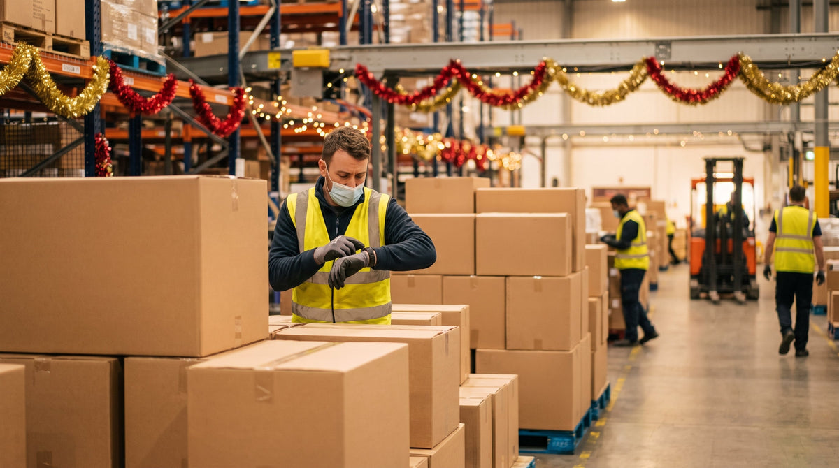 A fulfillment worker checking the time amid holiday-season outbound parcels, representing a 48-hour fulfillment SLA under peak-season pressure.