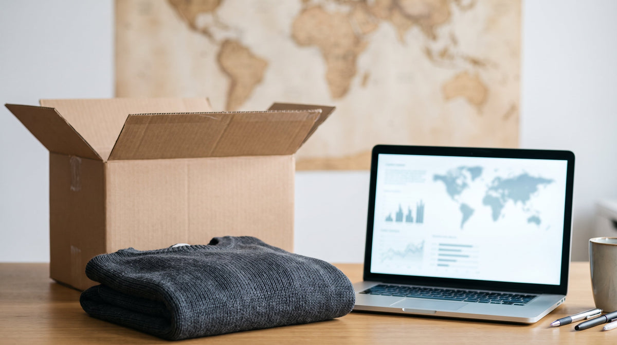 A returned parcel on a desk beside a world map, representing the margin cost of international returns.