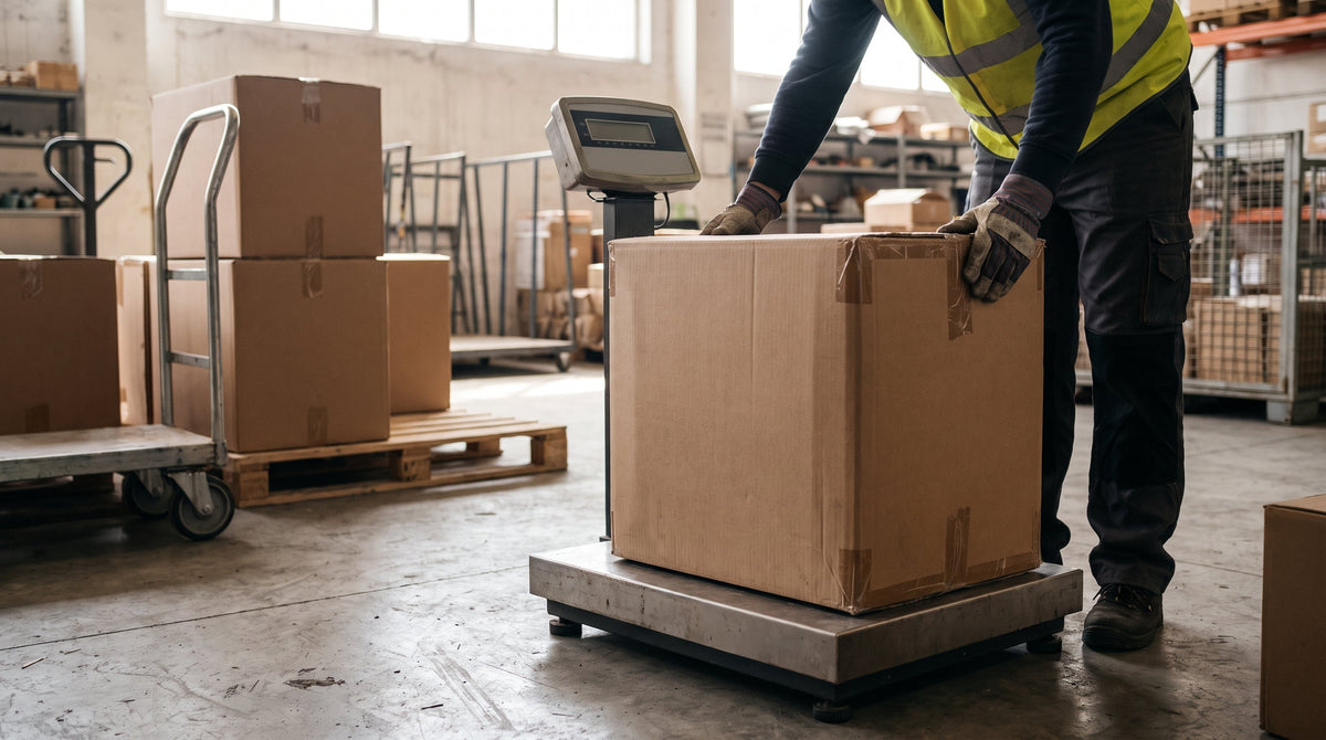 A large heavy fitness-equipment box being weighed in a warehouse, representing GPO shipping-rate savings on bulky items.