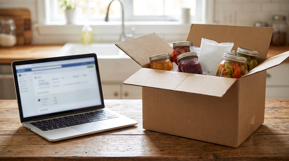 An insulated food box beside a laptop on a desk, representing a different returns model for DTC food and beverage brands.