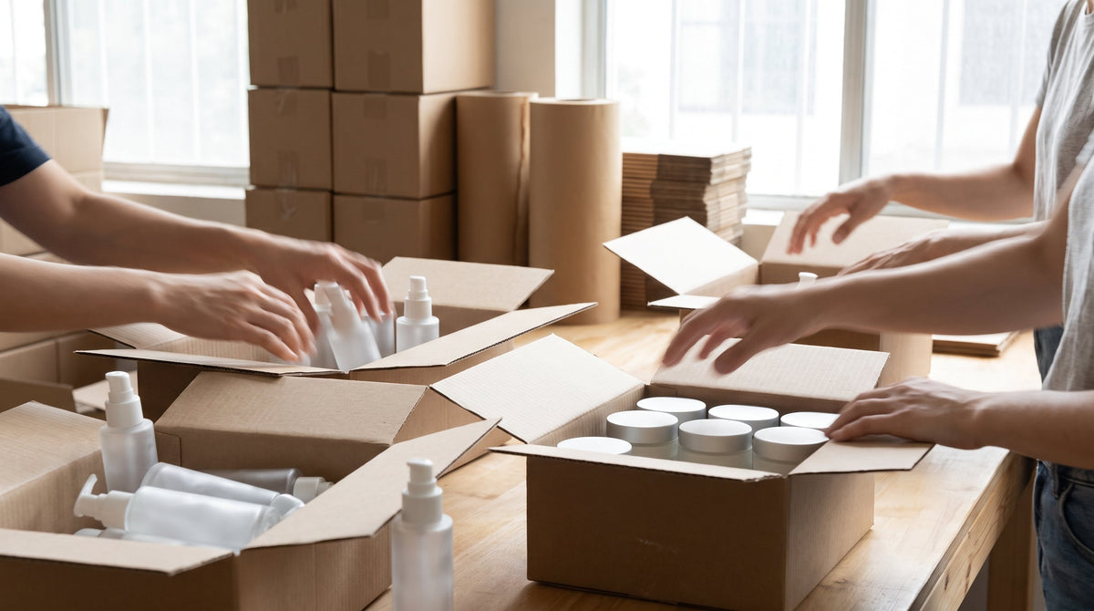 Skincare products packed quickly into a shipping box on a bright table, representing fast fulfillment for beauty brands.