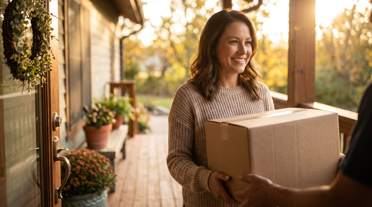 A customer happily receiving a parcel at the front door, representing faster transit reducing WISMO support tickets.