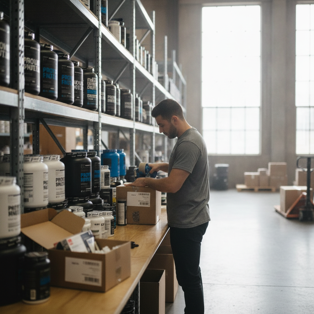 Worker sealing a supplement subscription shipping box in a fulfillment area, representing shipping guarantees for high-ticket fitness brands