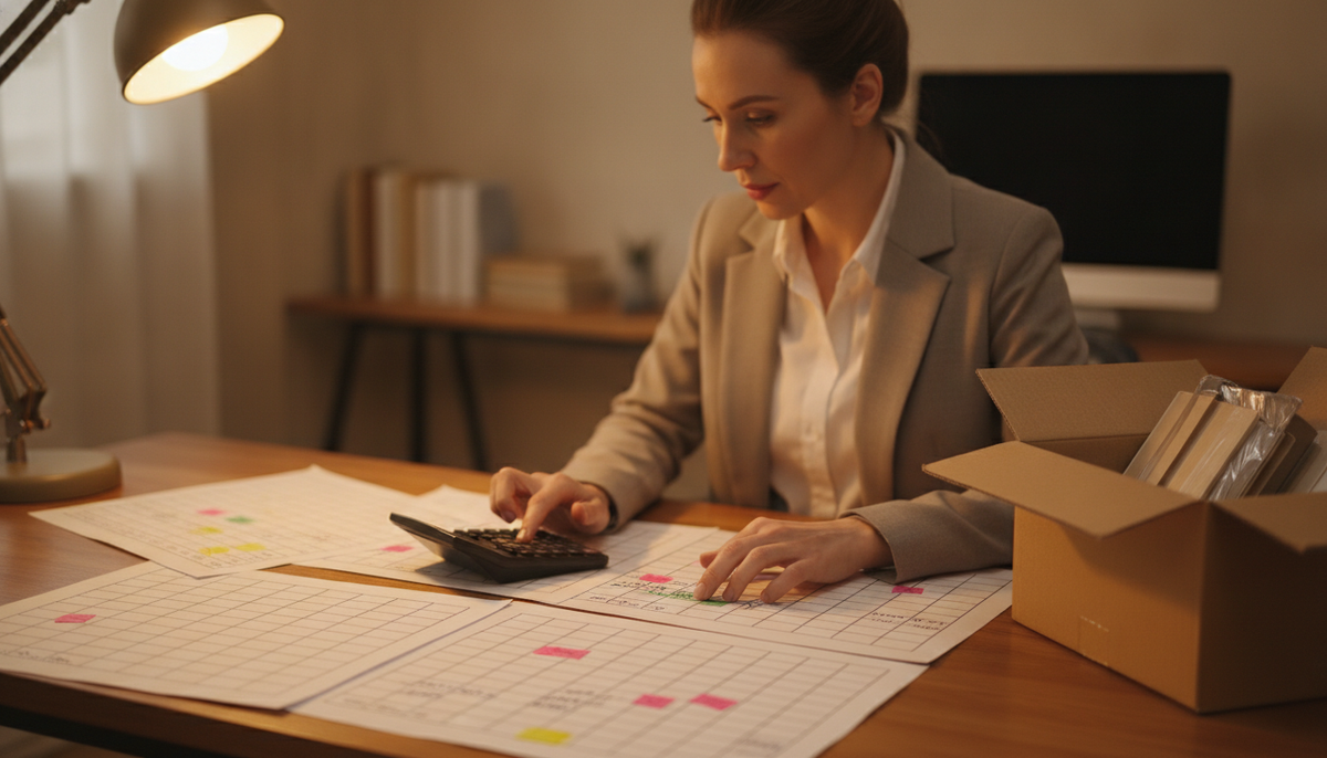 Business owner reviewing pricing charts near a shipping box, representing shipping guarantee pricing models for Shopify merchants