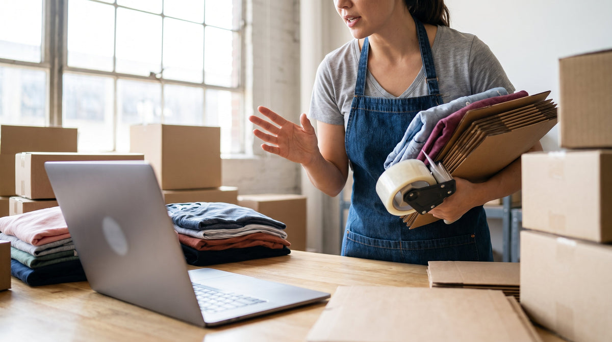 An apparel brand operator managing packing, returns, and orders at a workstation, representing four post-purchase systems working together.