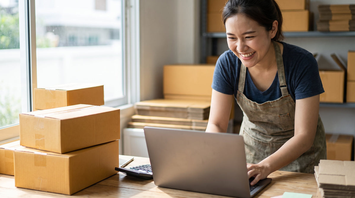 A merchant reviewing shipping savings on a laptop beside parcels and a calculator, representing cutting shipping spend without a volume commitment.