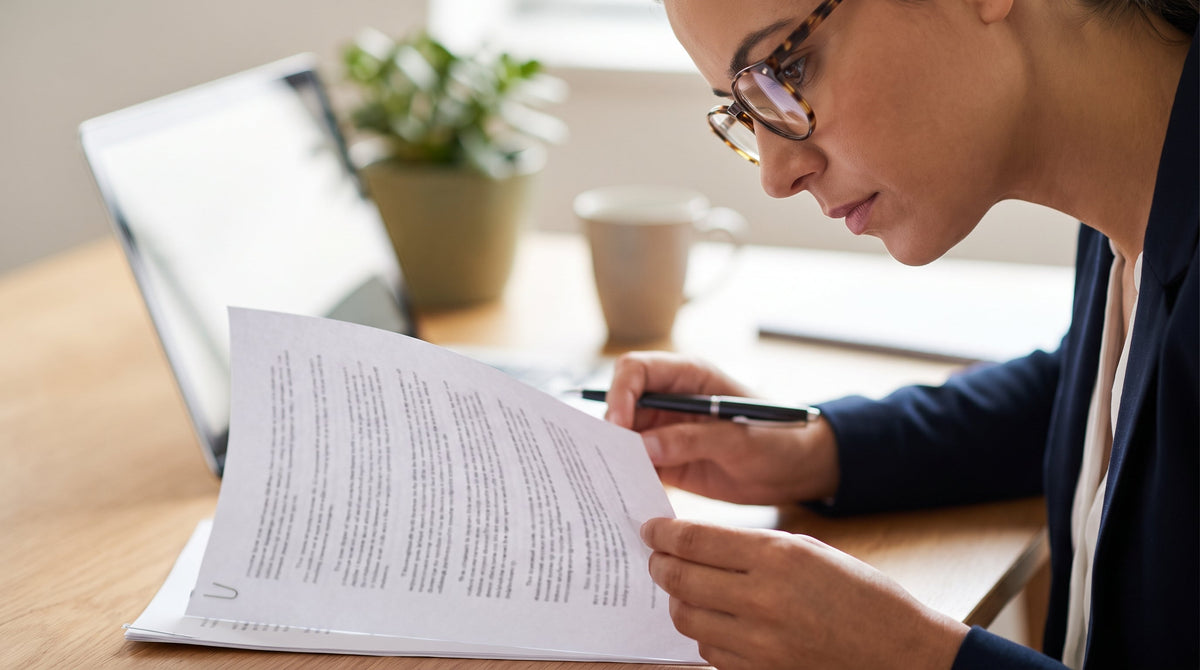 A merchant closely reading the fine print of a shipping-rate contract at a desk, representing the detail that matters most.