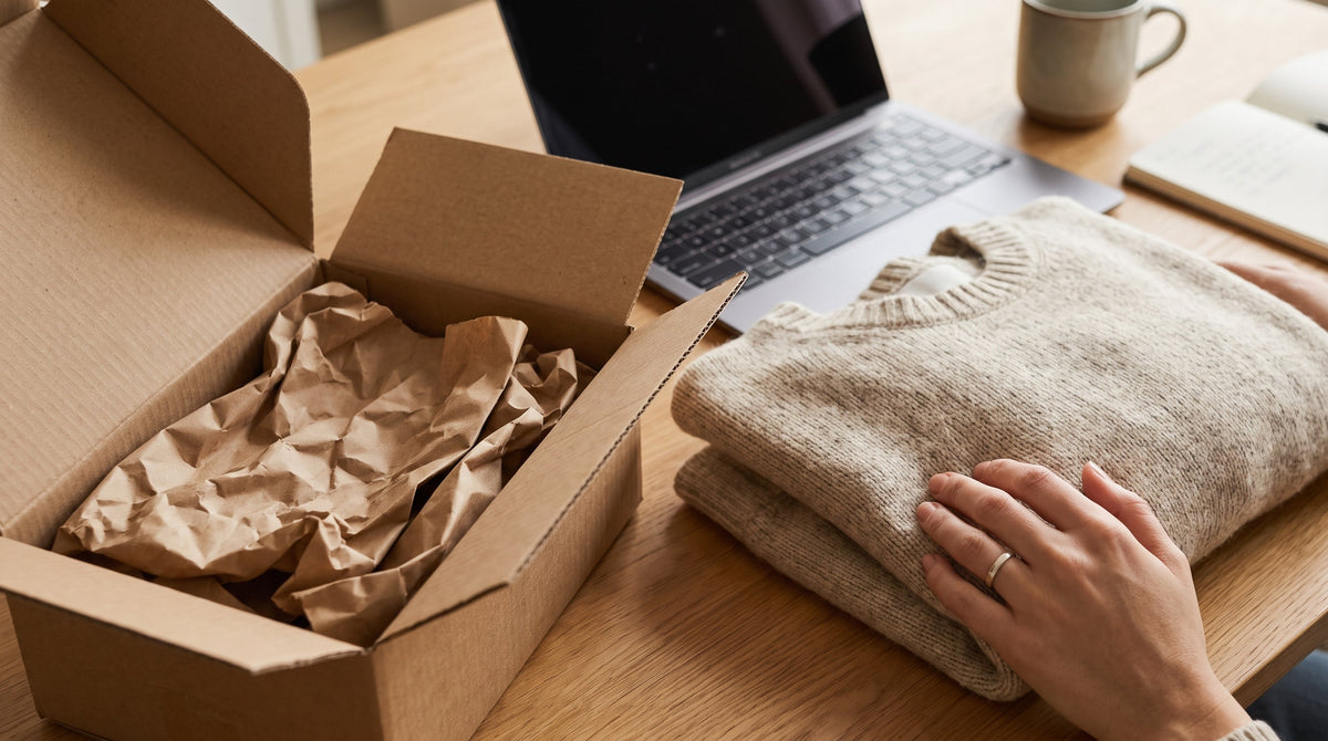 A returned product on a desk beside a laptop, representing a decision tree for return resolutions.