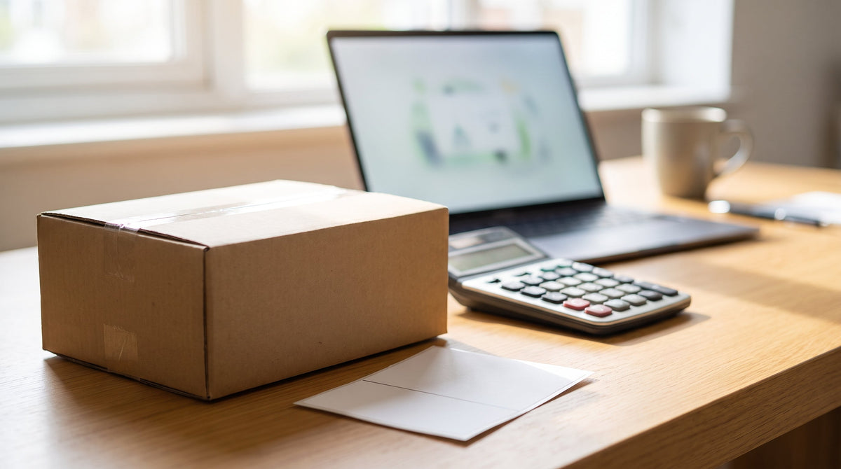 A return parcel beside a calculator and laptop, representing the true monthly-fee cost of returns software.