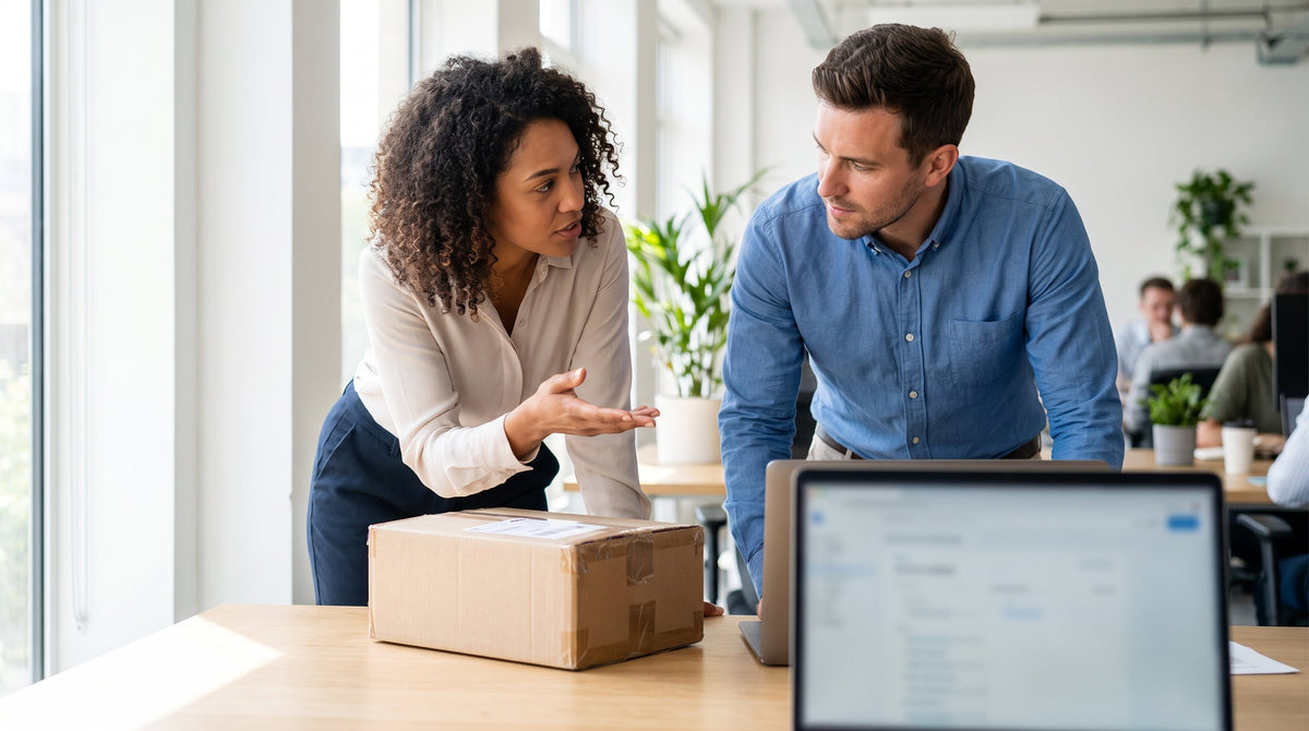 Colleagues discussing return policy at a desk with a returned parcel, representing who should set return fees.