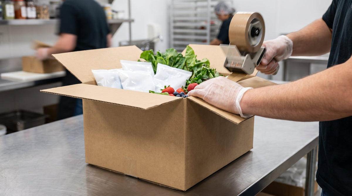 An insulated perishable-food box being packed quickly with cold packs, representing fast fulfillment over a shipping guarantee for perishables.