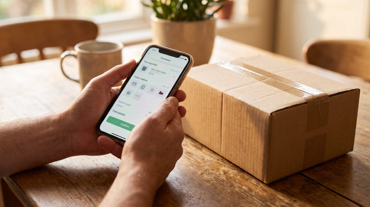 A customer checking out online beside a ready-to-ship parcel, representing same-day shipping as a checkout conversion lever.