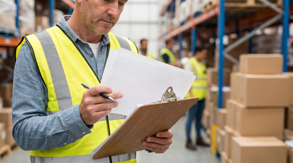 A manager reviewing an agreement on a clipboard in a fulfillment warehouse, representing vetting a fulfillment partner's SLA.