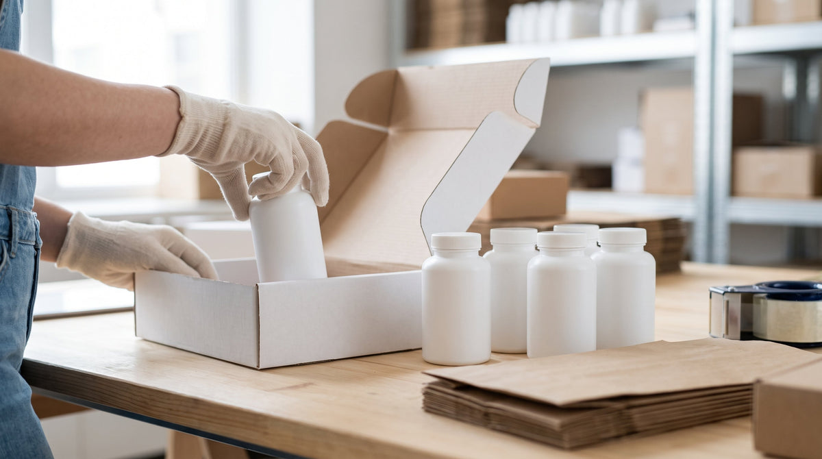 Supplement bottles prepared for a subscription refill shipment on a packing table, representing on-time refills protecting retention.