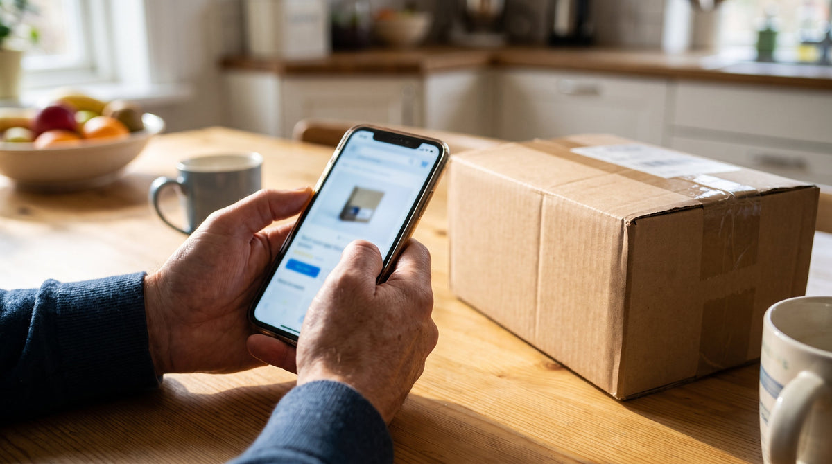 A customer viewing a product on a phone beside a delivered parcel, representing promoting 2-day delivery on the product page.