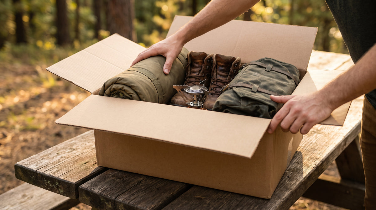 Outdoor camping gear being packed into a shipping box, representing the post-purchase playbook for outdoor and camping brands.