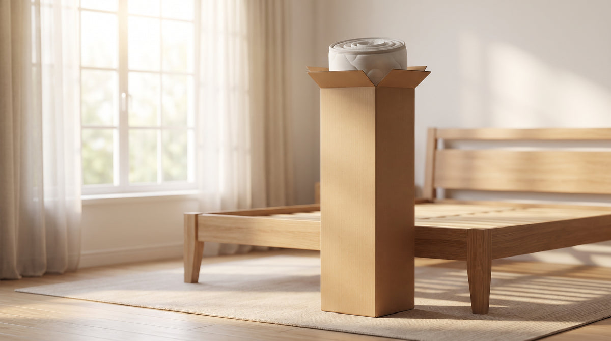 A boxed mattress delivered to a bright bedroom, representing the fulfillment speed behind a 100-night trial.