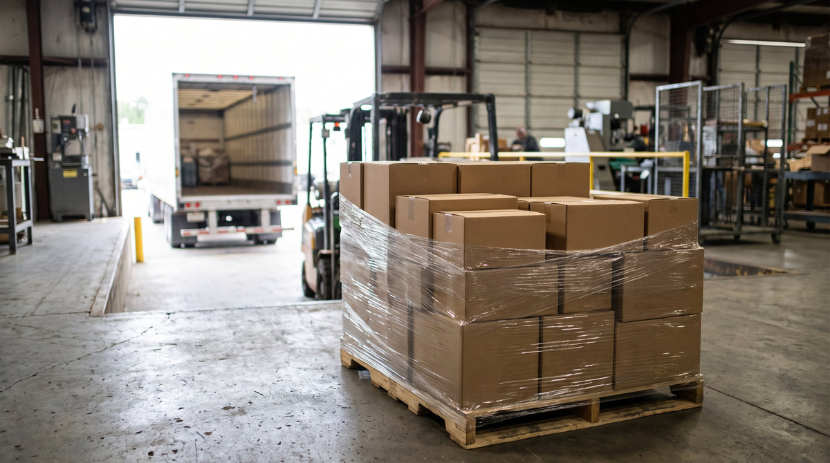 A shrink-wrapped pallet of boxes on a warehouse loading dock, representing group purchasing for freight and LTL shipments.