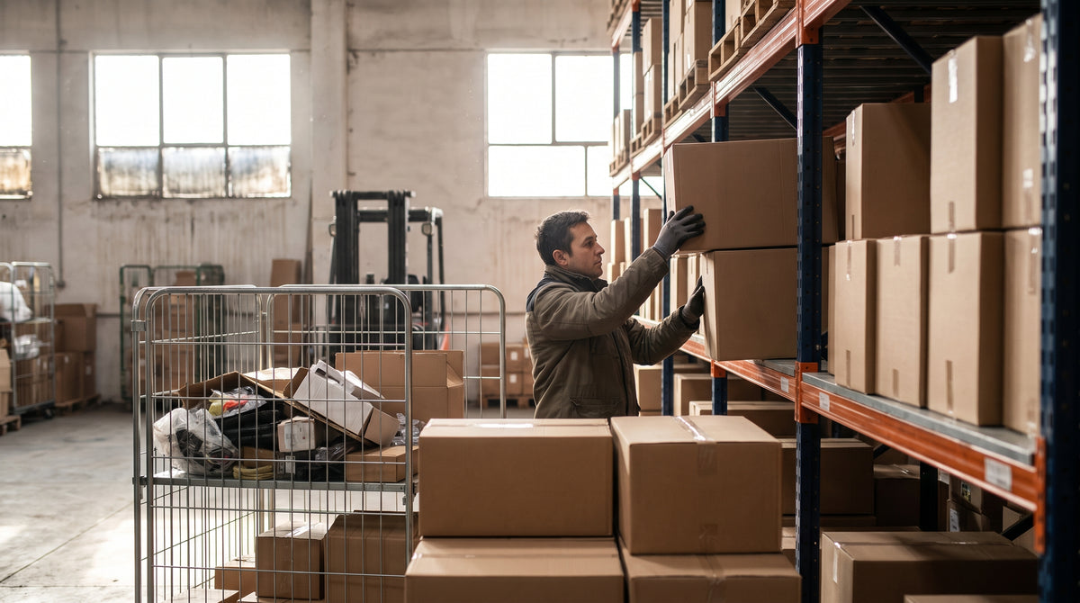 A worker restocking returned bulk goods on warehouse shelves, representing restocking fees that cover wholesale return costs.