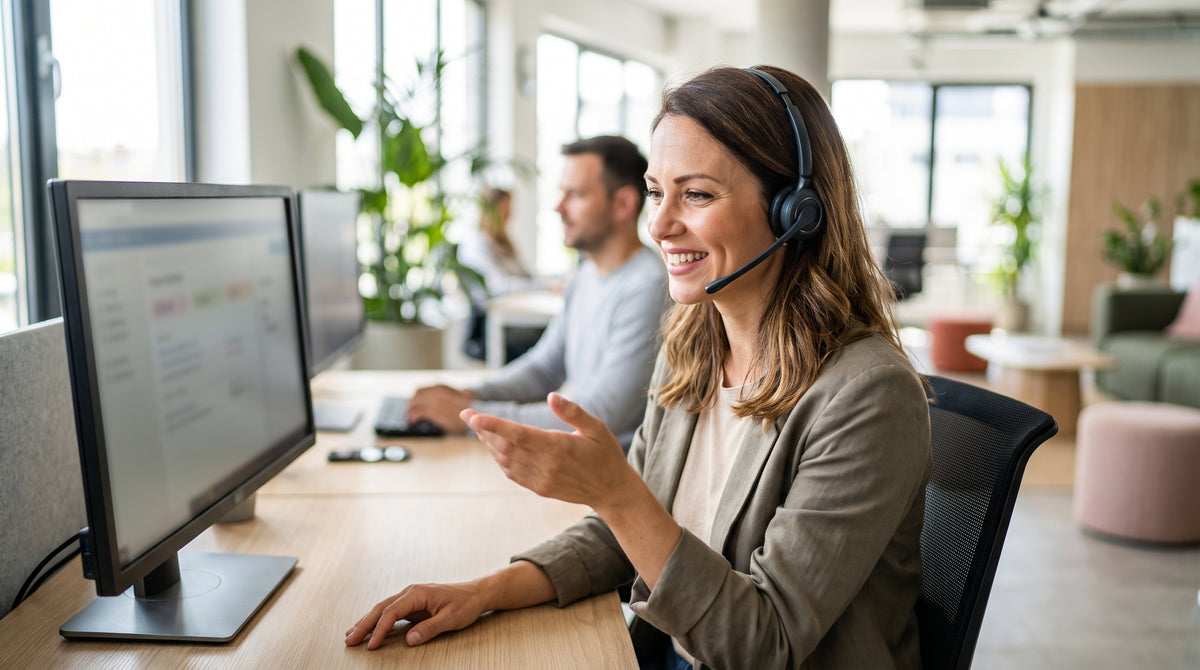 A friendly support agent helping a customer at a desk, representing keeping resolutions in-house to protect the relationship.