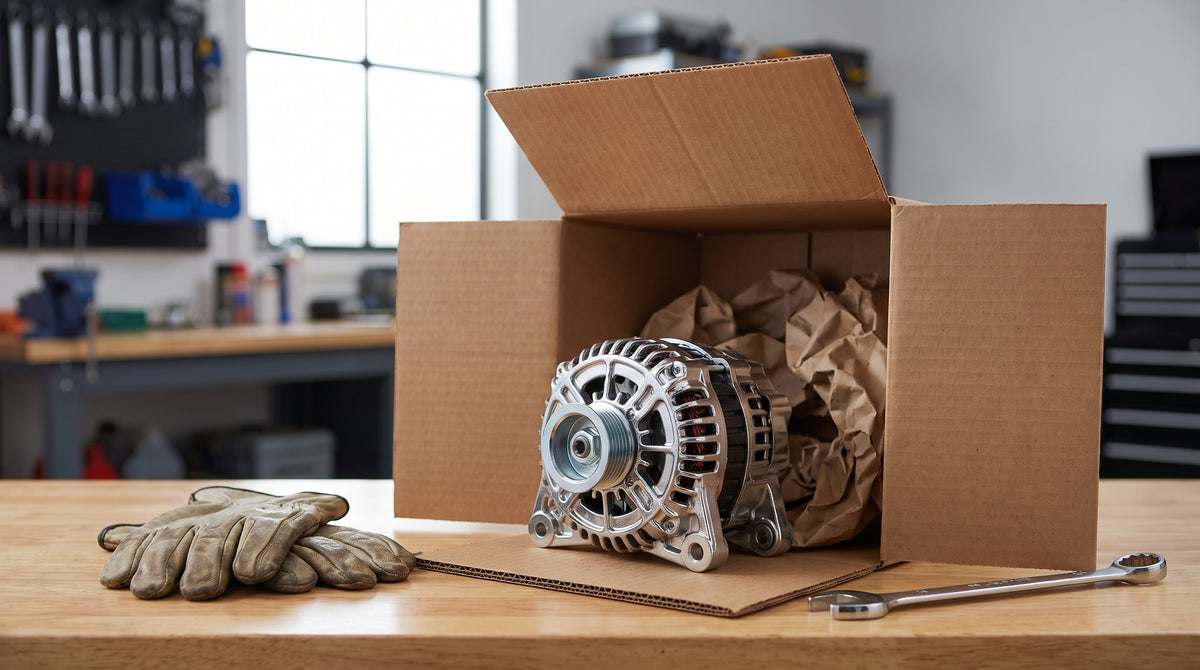 An automotive part in an open return box on a workbench, representing a dedicated restocking-fee structure for fitment returns.
