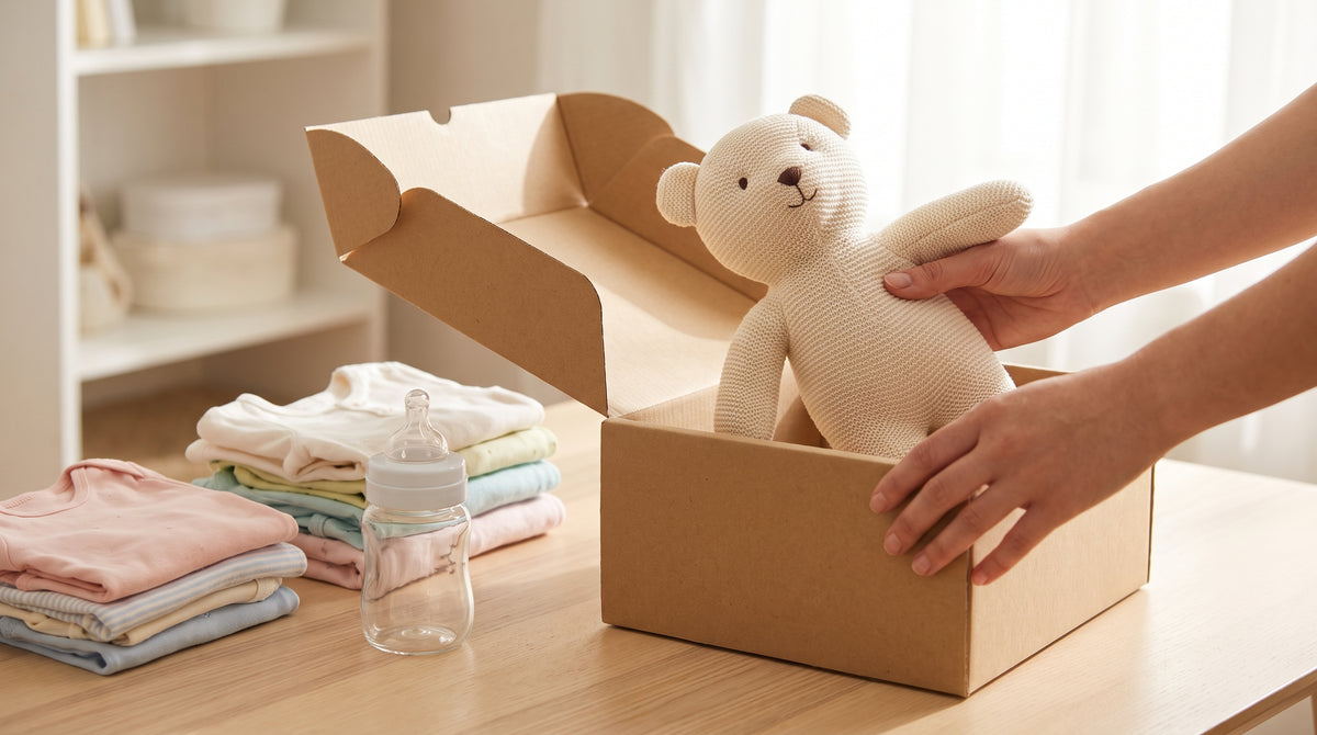 Baby and kids products packed into a shipping box, representing same-day fulfillment for baby and kids brands.
