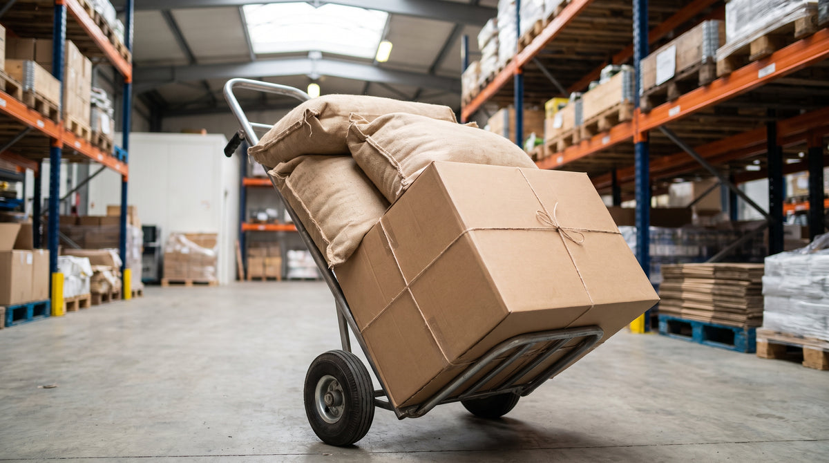 Bulky pet-food bags and heavy boxes on a warehouse dolly, representing group purchasing to cut shipping on heavy pet SKUs.