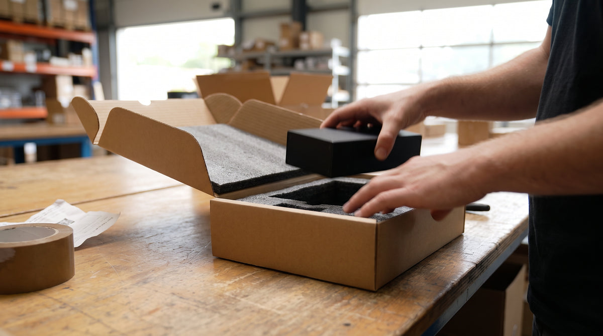 A replacement electronic device being packed for a same-day reship, representing fast replacement over a slow claims process.