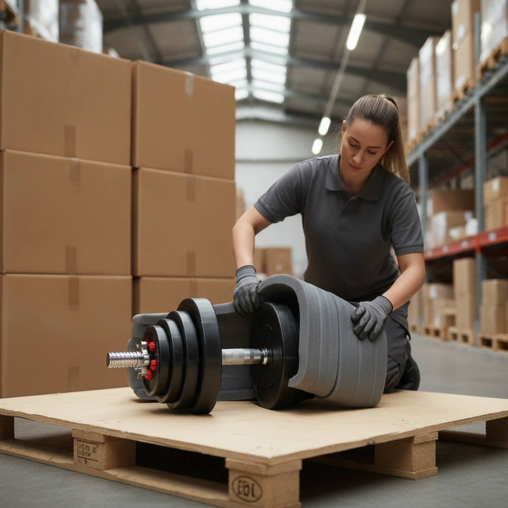 Warehouse worker protectively packaging high-ticket fitness equipment for shipment, representing margin protection for health and fitness brands
