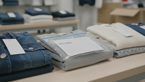 Folded returned apparel and a return shipping bag, representing apparel return management for Shopify merchants
