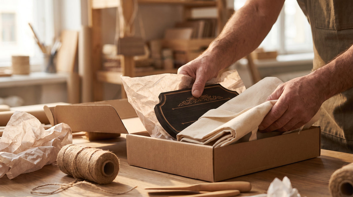 A personalized engraved product being packed into a shipping box, representing fulfillment speed as a lever in personalized product sales.